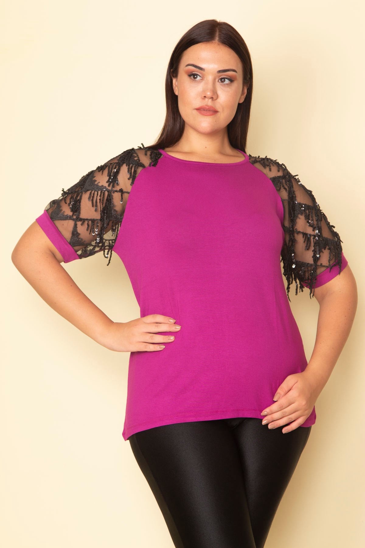 Kadın Fuşya Kolları Tül Payet Detaylı Bluz 65N28746