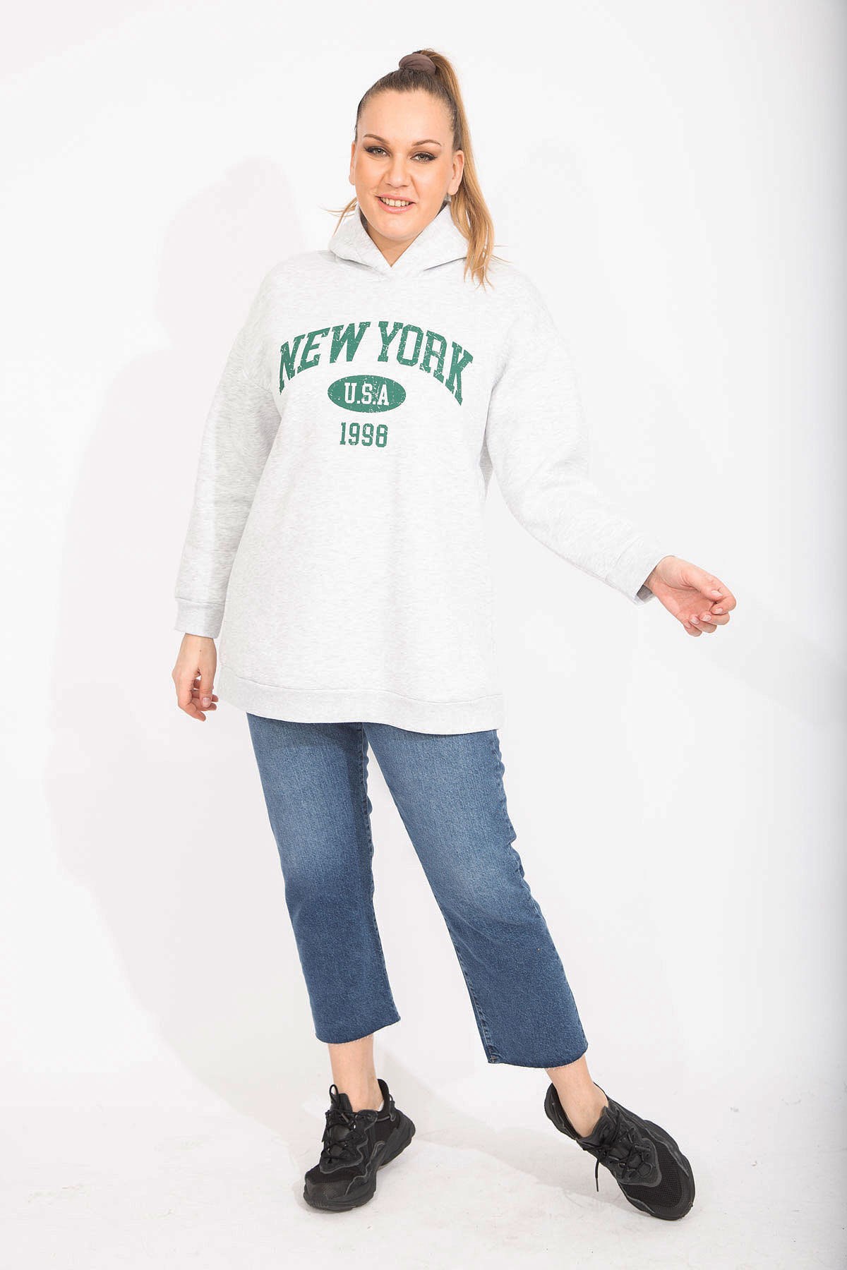 Kadın Gri 3 İplik İçi Şardonlu Kalın Sweatshirt 65N35491