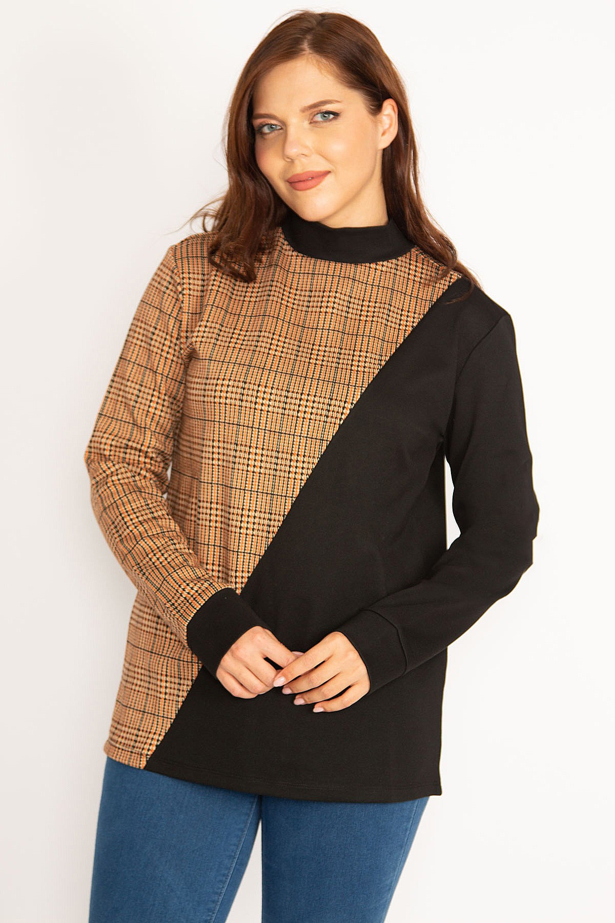 Kadın Gri Ekoseli Sweatshirt 65N34755