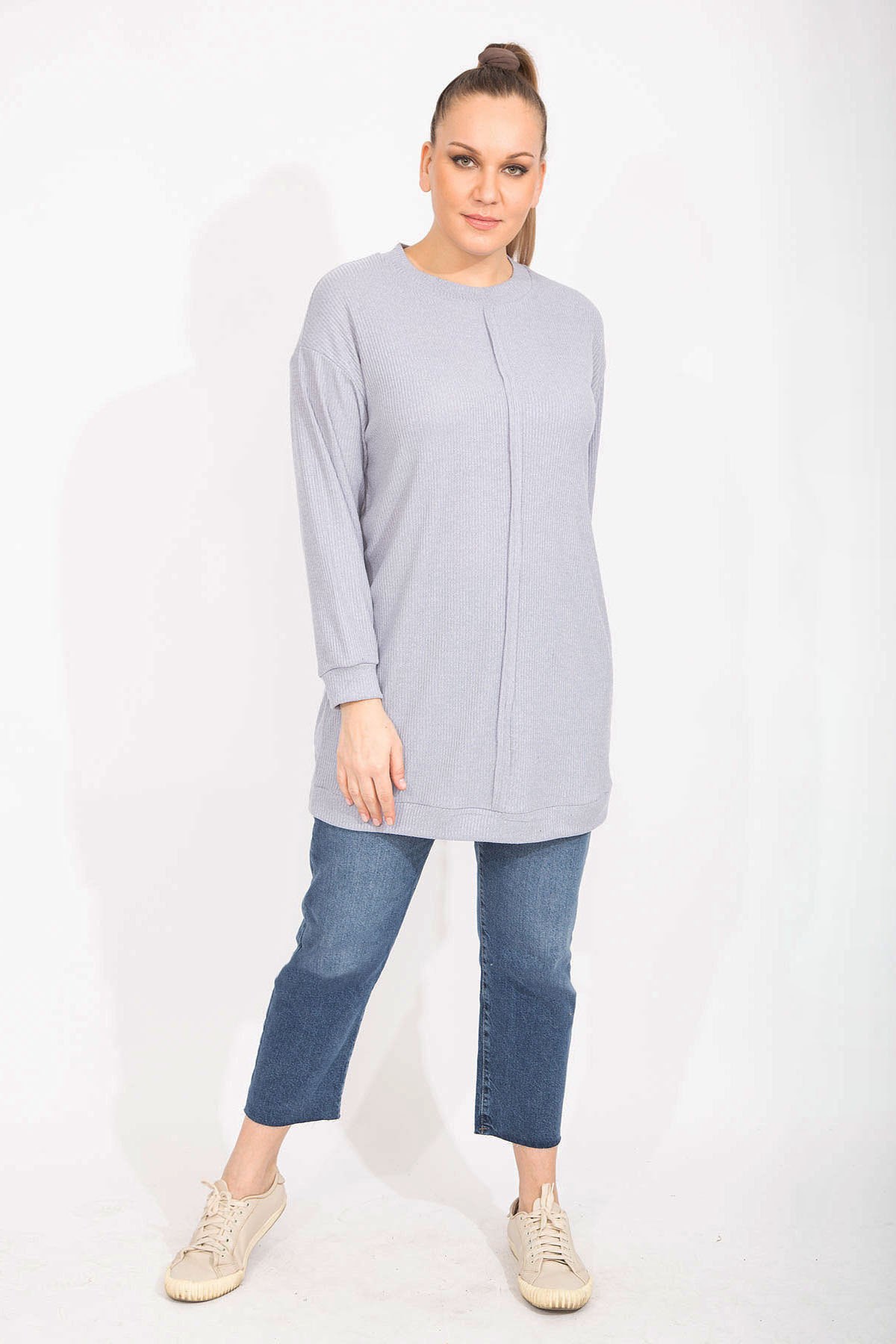 Kadın Gri Kaşkorse Kumaş Ön Dikiş Detaylı Uzun Tunik 65N35498