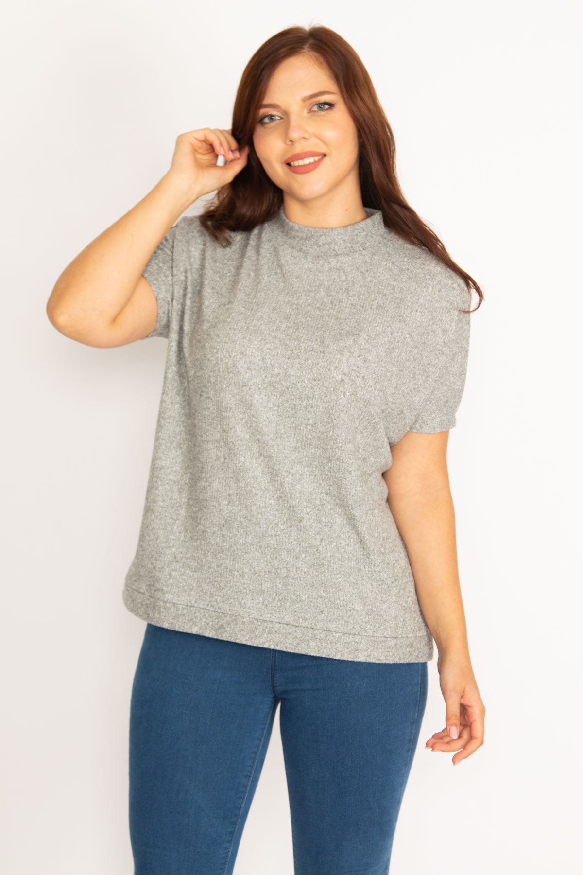 Kadın Gri Kaşkorse Kumaş Sıfır Yakalı Bluz 65N34804