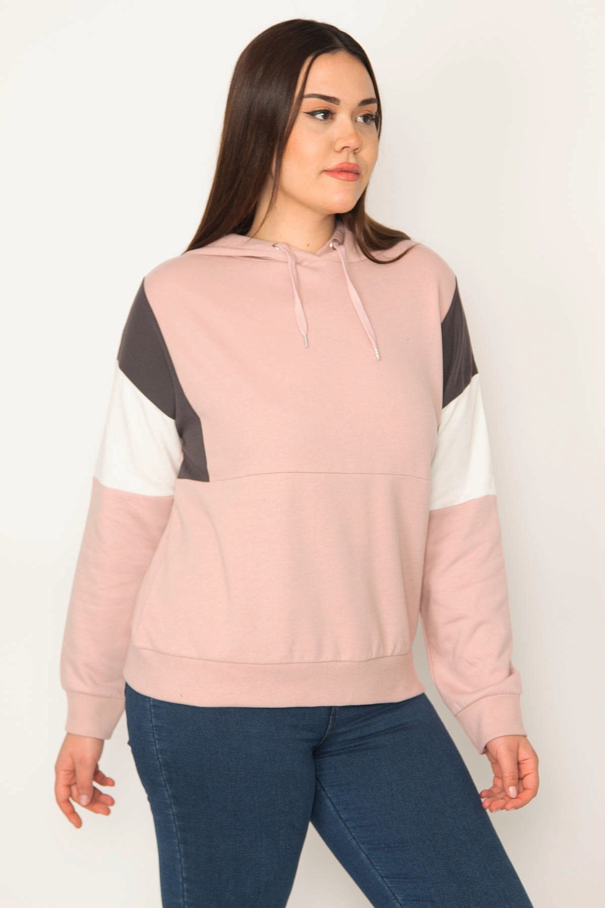 Kadın Gül Pembe Renk Detaylı Kapşonlu Sweatshirt 65N31367