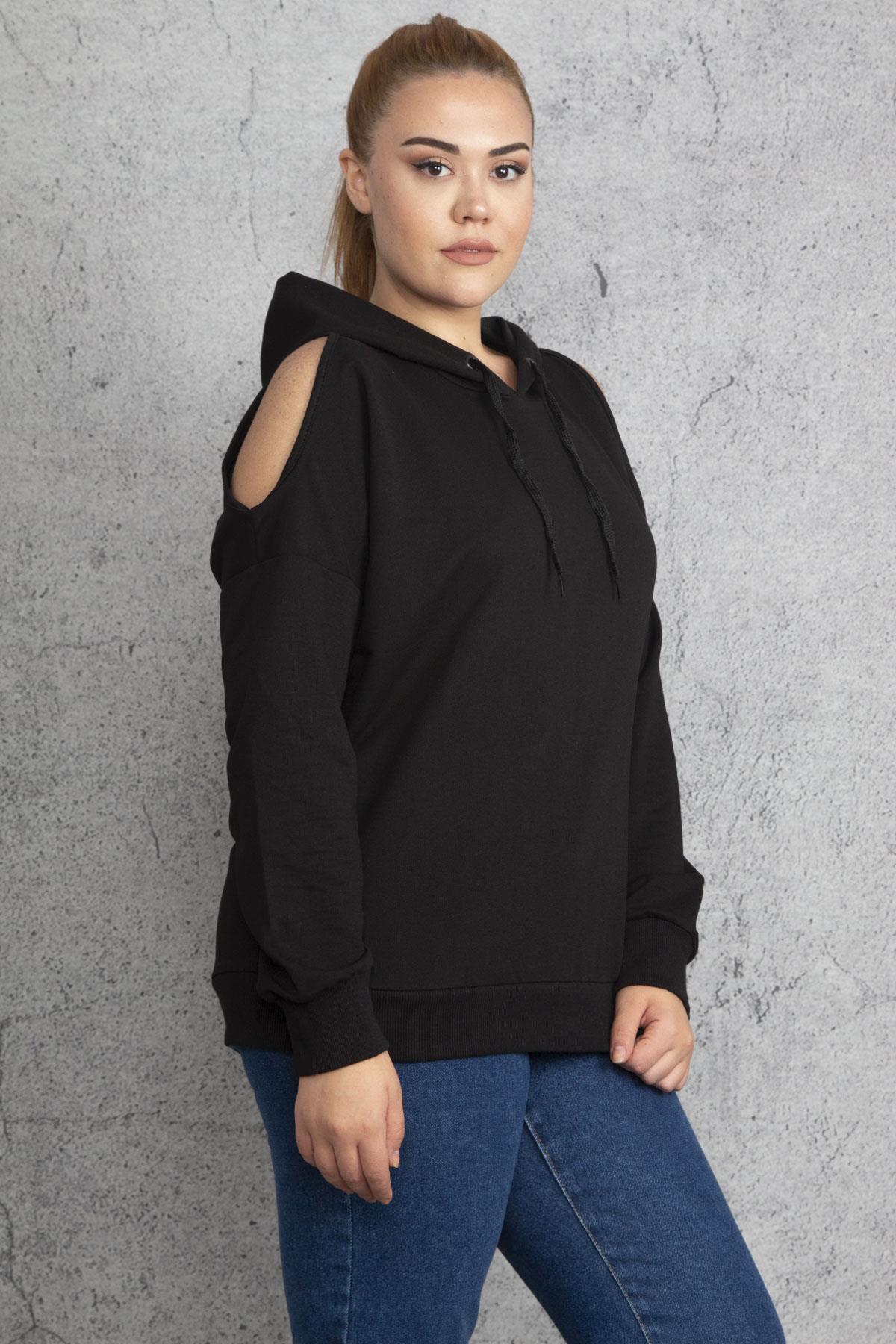 Kadın Haki Kapşonlu Omuz Dekolteli Sweatshirt 65N18831