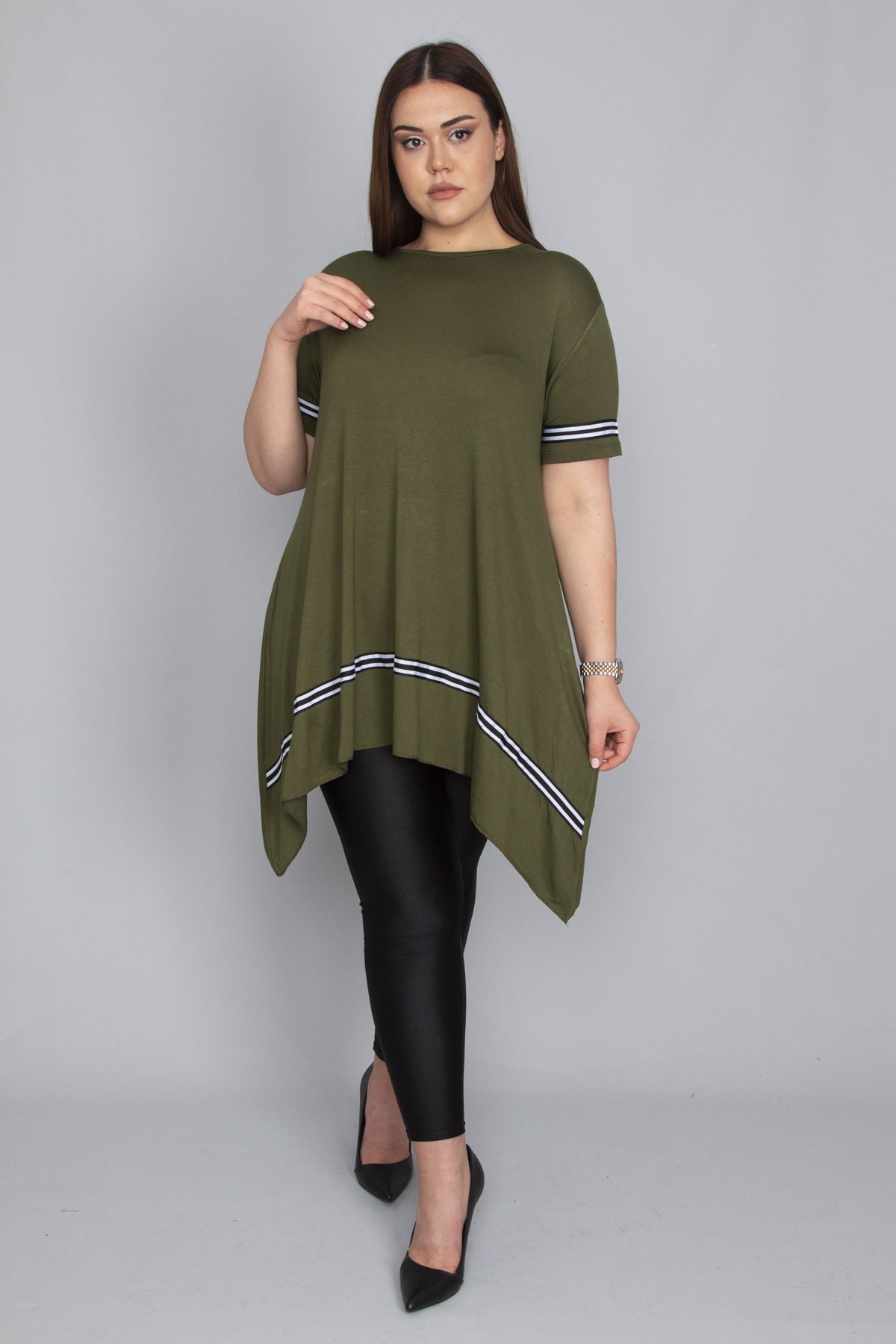 Kadın Haki Şerit Detaylı Asimertik Tunik 65N23133