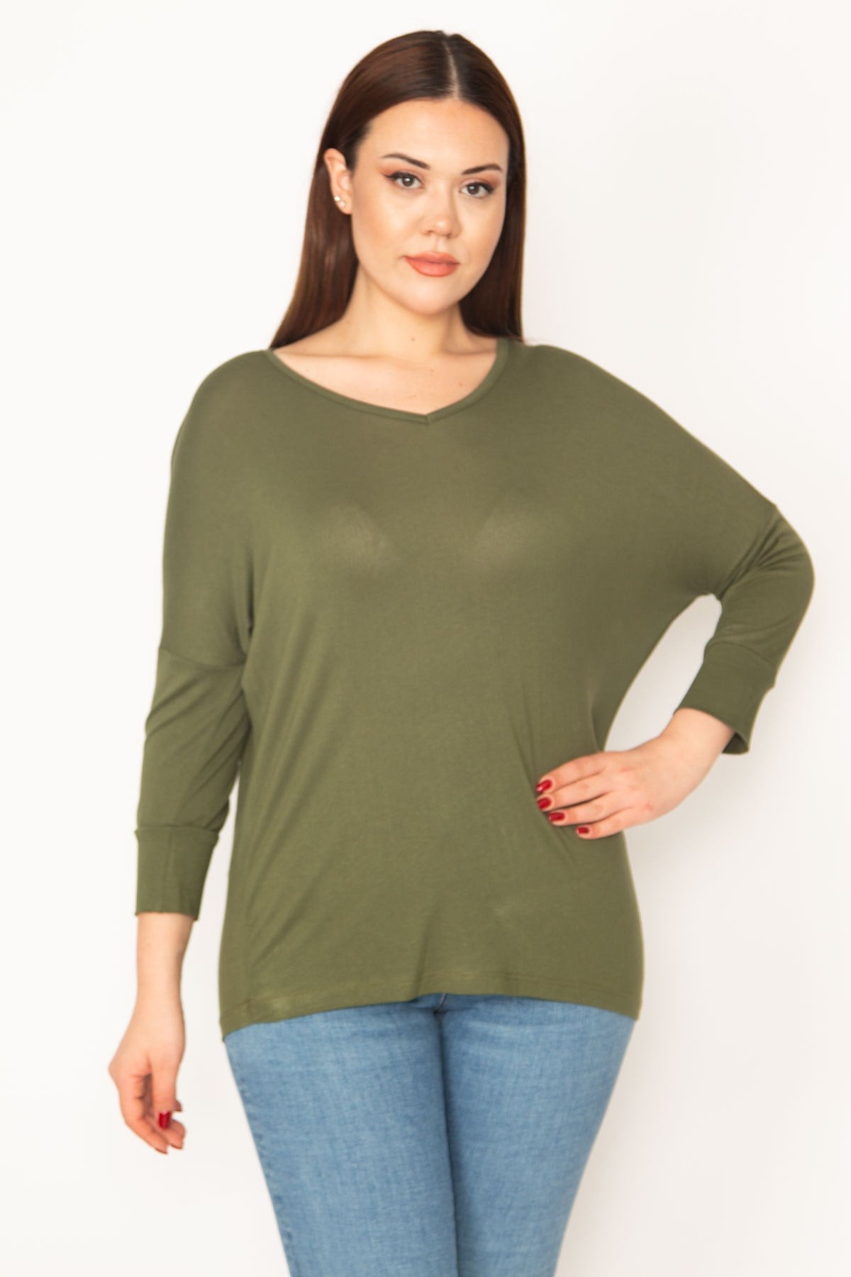 KADIN HAKİ V YAKALI UZUN KOLLU BASİC BLUZ