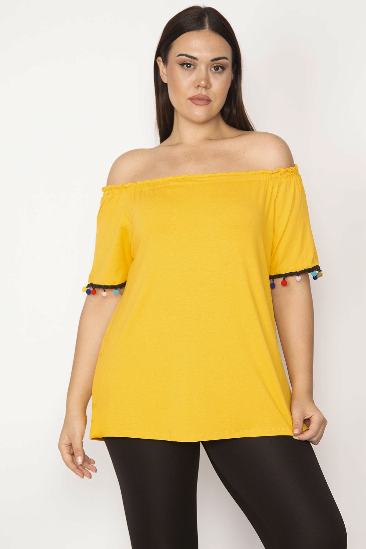 Kadın Hardal Yakası Lastikli Kolları Ponpon Detaylı Bluz 65N29509