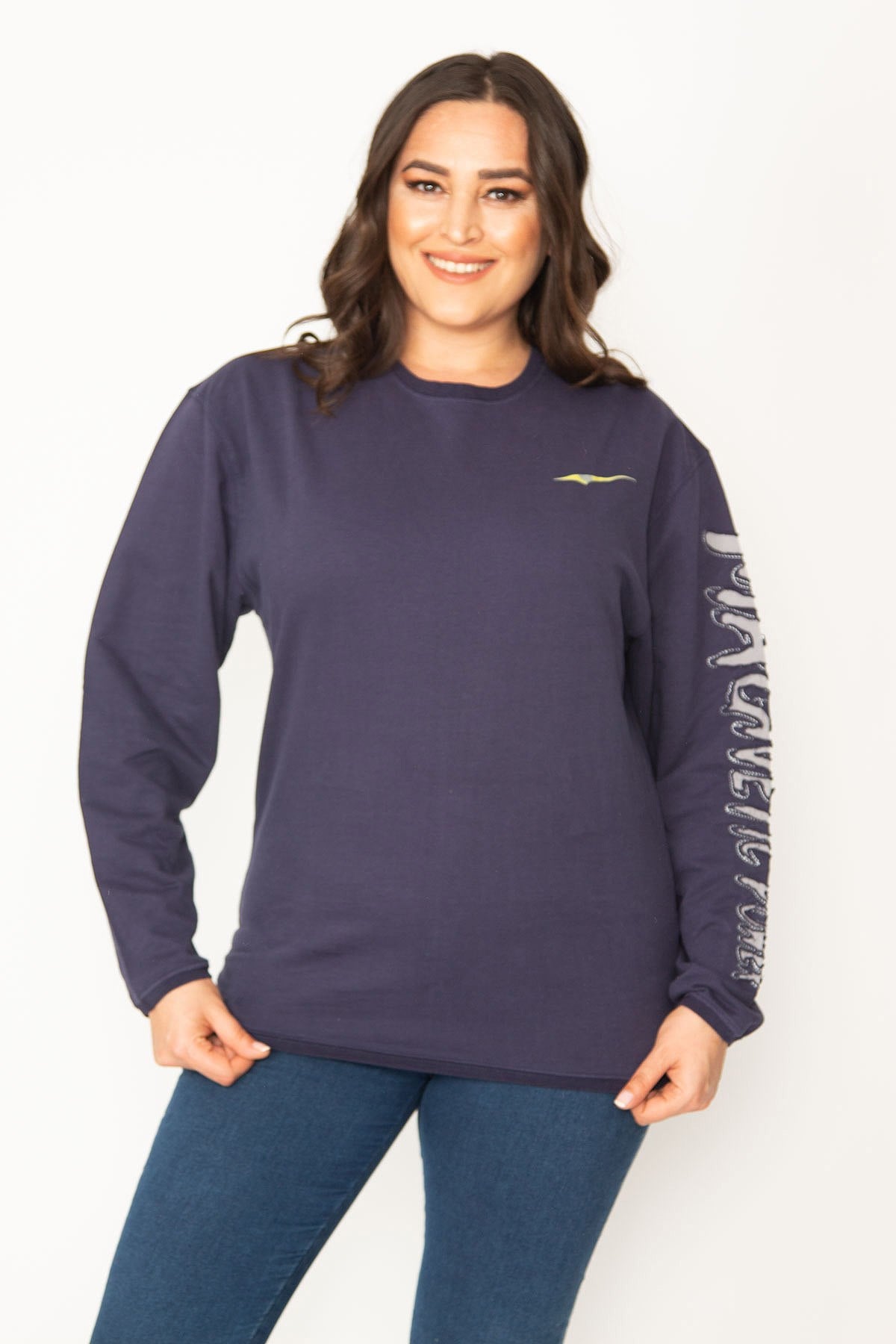 Kadın Lacivert Pamuklu Kumaş Kol Aplikeli Sweatshirt 65N31025