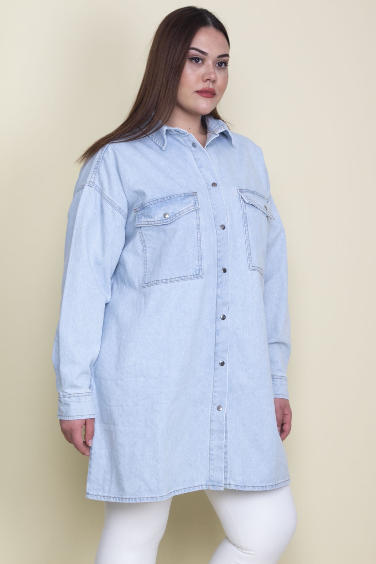 Kadın Mavi Salaş Kesim Çıtçıt Düğmeli Oversize Kot Tunik Ceket 65N28048