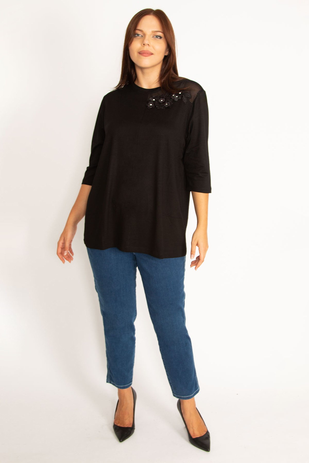 Kadın Mor Aplike Ve Tül Detaylı Bluz 65N34575