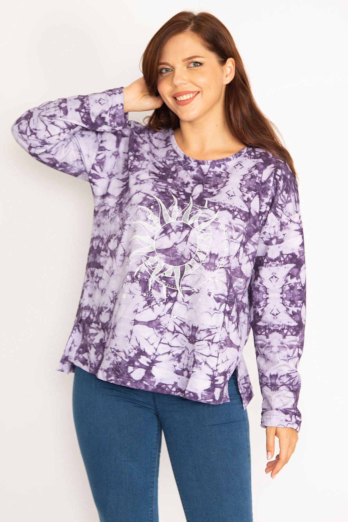 Kadın Mor Batik Baskılı Sweatshirt 65N34770