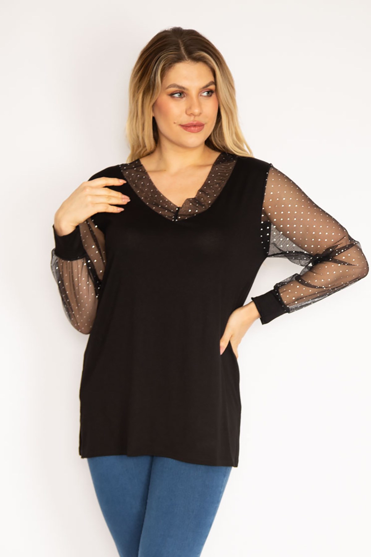Kadın Mürdüm Yaka Ve Kolları Simli Tül Bluz 65N35185
