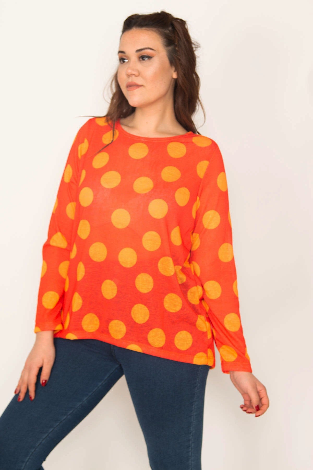 Kadın Oranj Puan Desenli Bluz 65N33399
