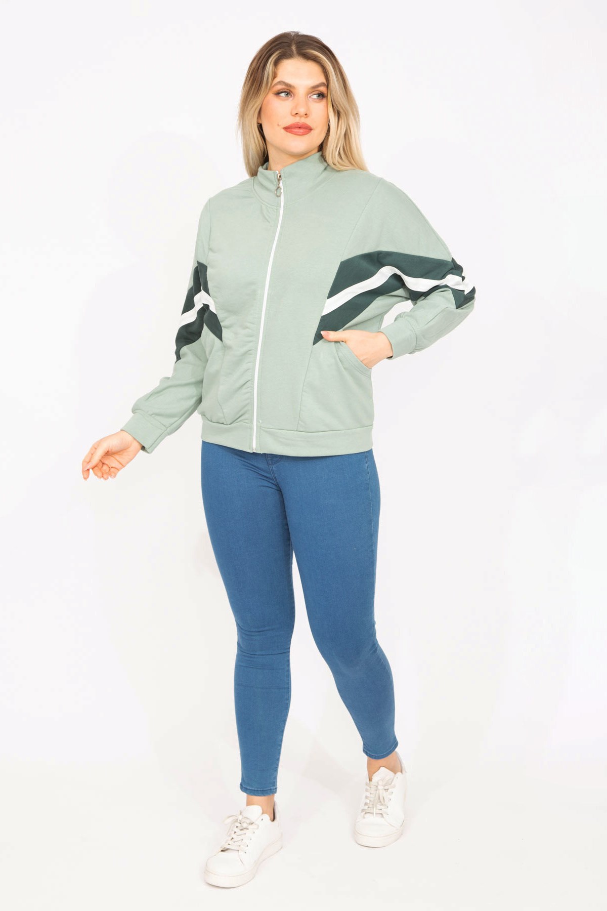 Kadın Pembe 2 İplik Kumaş Ön Fermuar Ve Şerit Detaylı Sweatshirt 65N35299