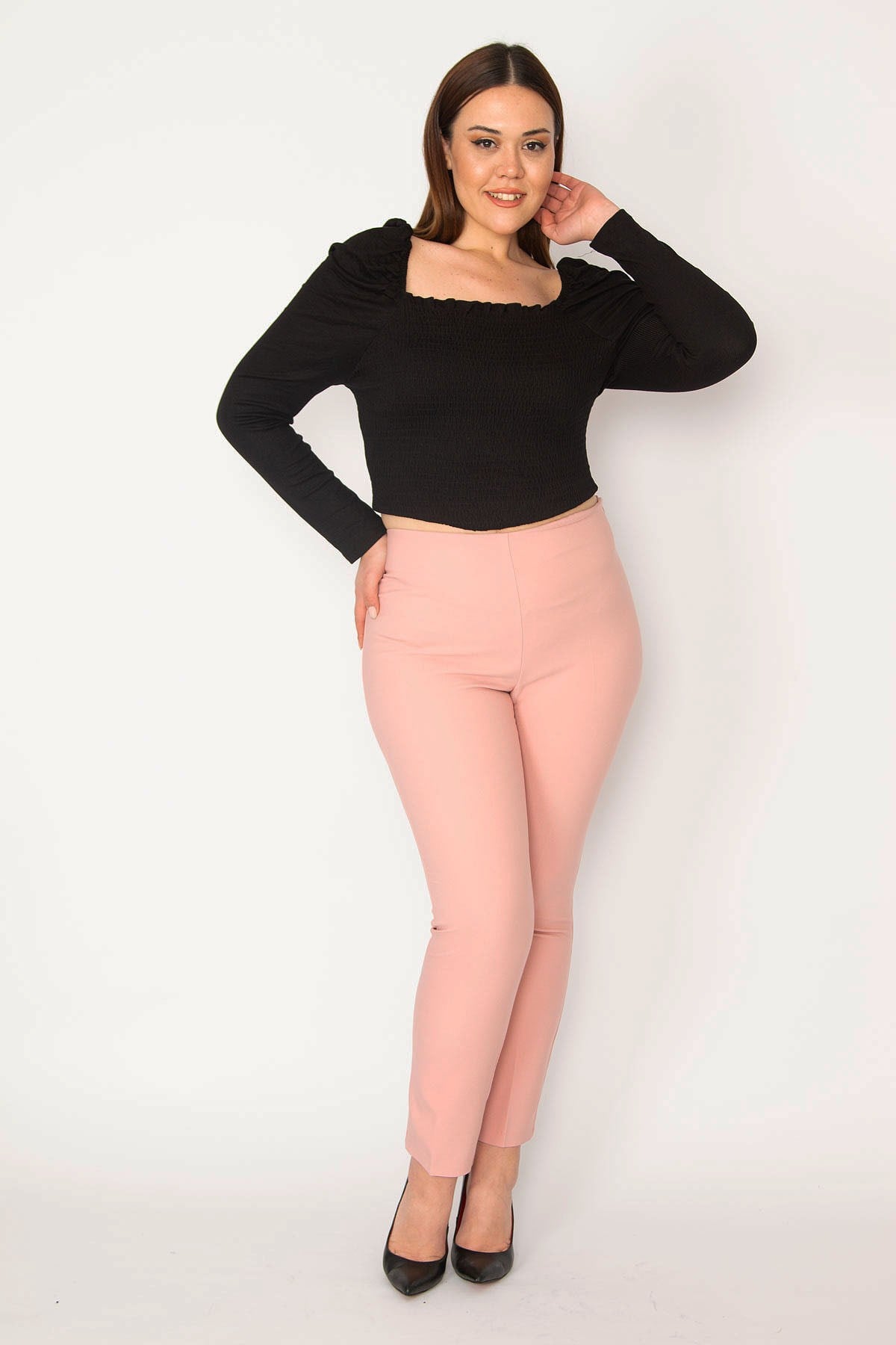 KADIN PEMBE YAN GİZLİ FERMUARLI KEMERSİZ PANTOLON