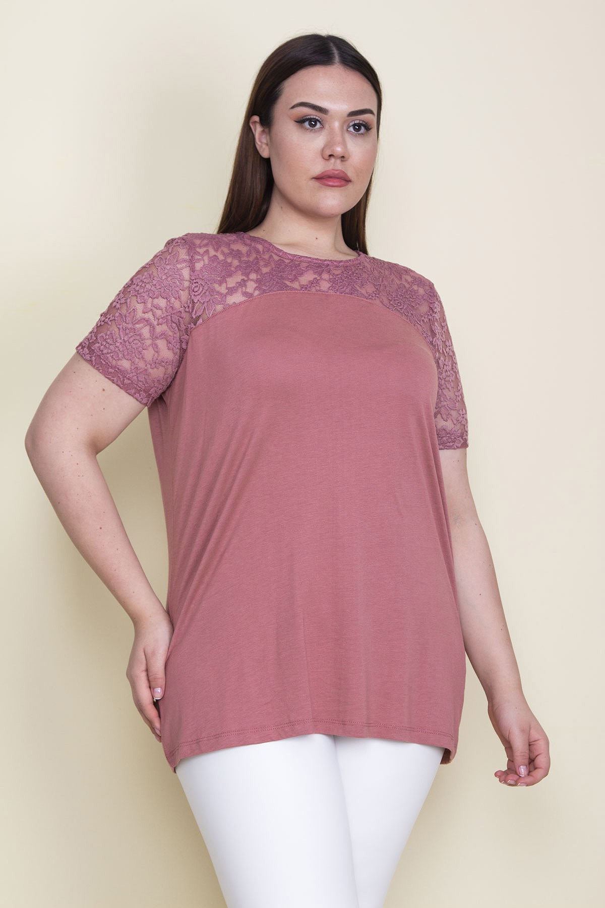 Kadın Pudra Roba Ve Kolları Dantel Detaylı Bluz 65N23574