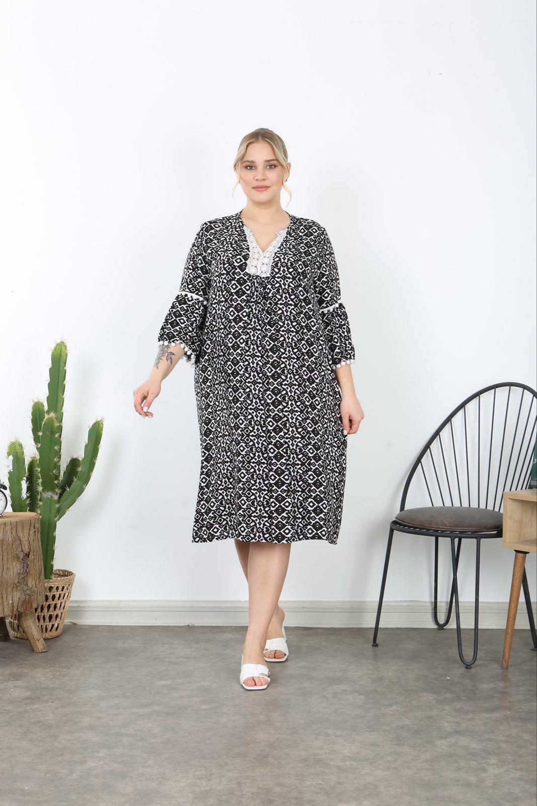 Kadın Renkli Dantel Detaylı Dokuma Viskon Kumaş Elbise 65N33210