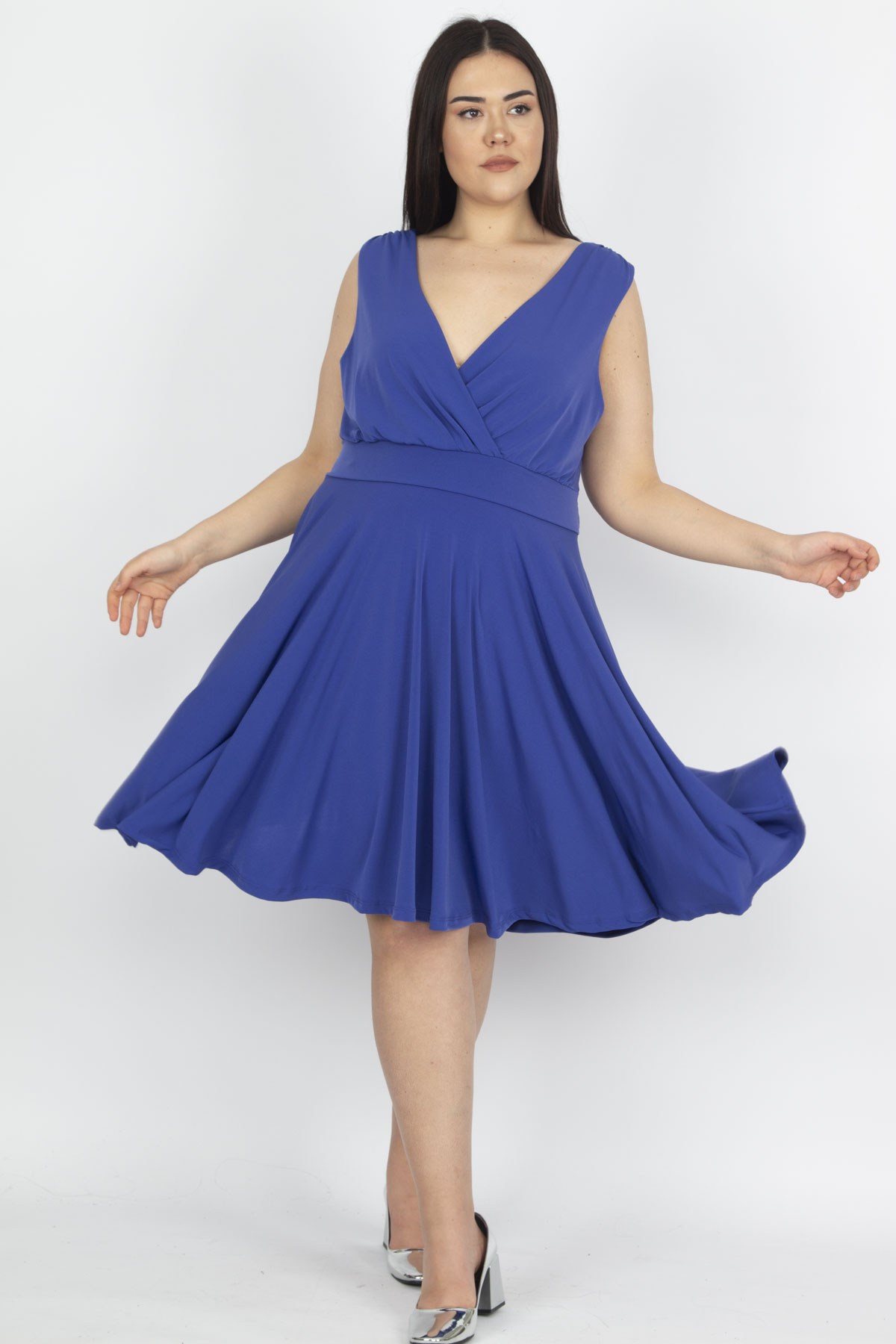 Kadın Saks Anvelop Yaka Arka Bel Lastik Detaylı  Elbise 65N29763