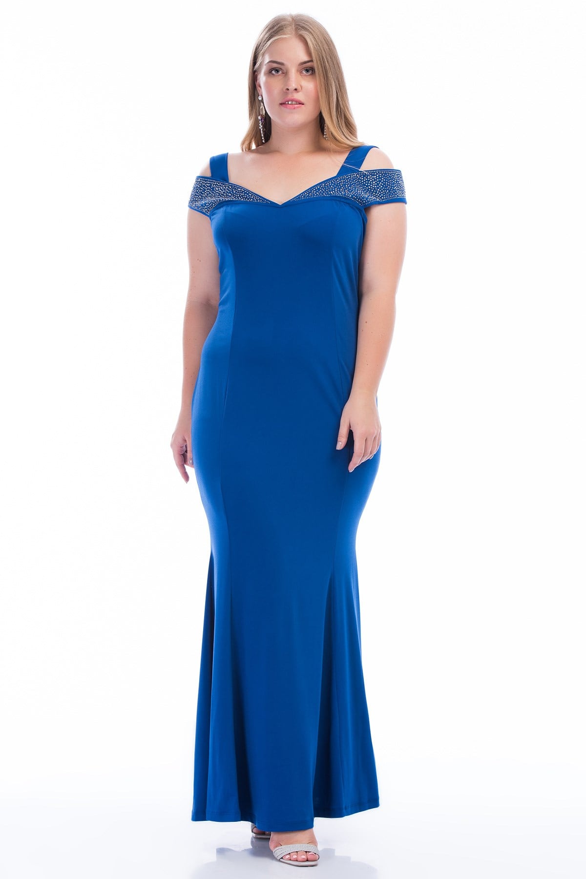Kadın Saks Yaka Detaylı Abiye Elbise 65N32538