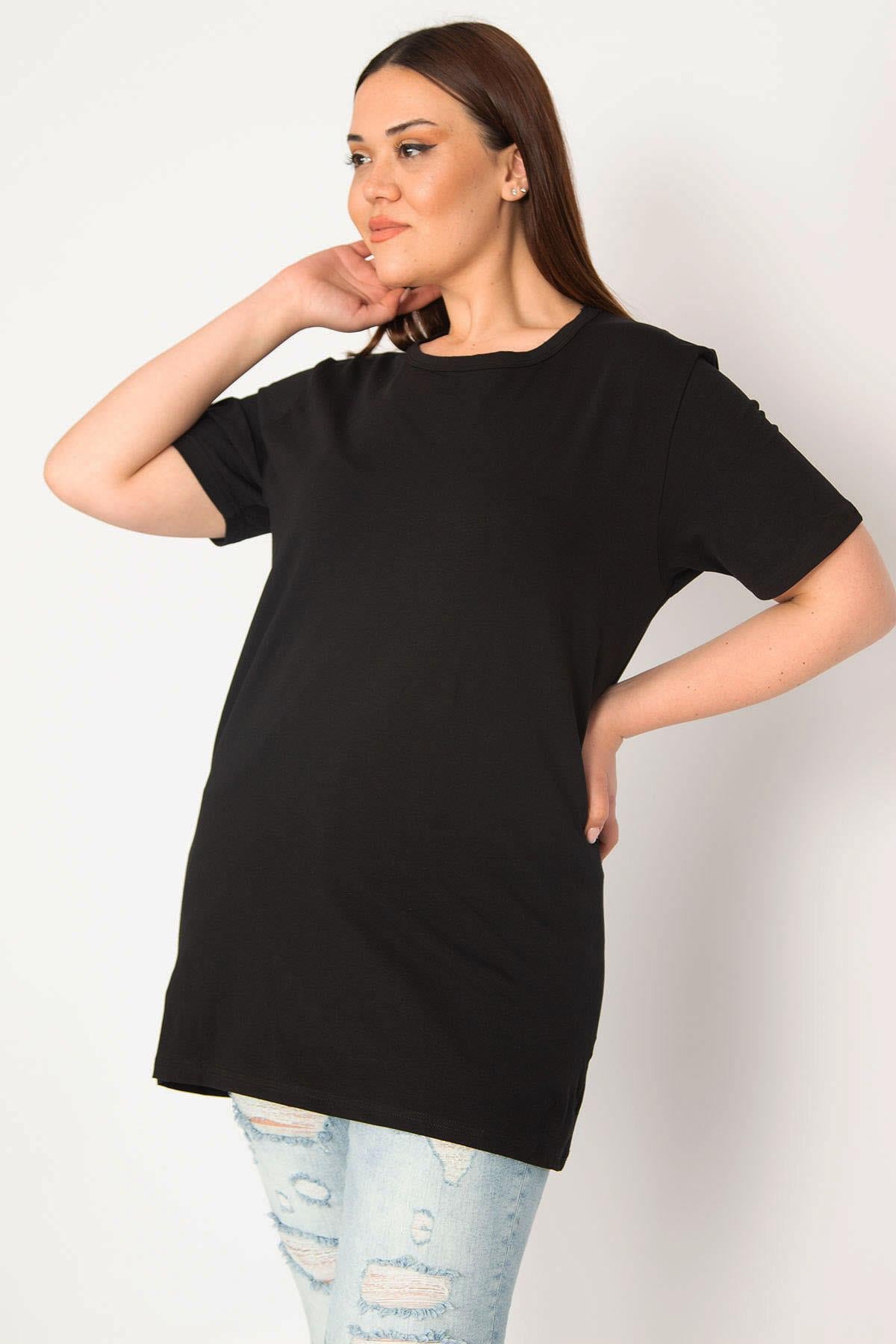 Kadın Siyah Büyük Beden Bisiklet Yakalı Kısa Kollu Oversize Bluz