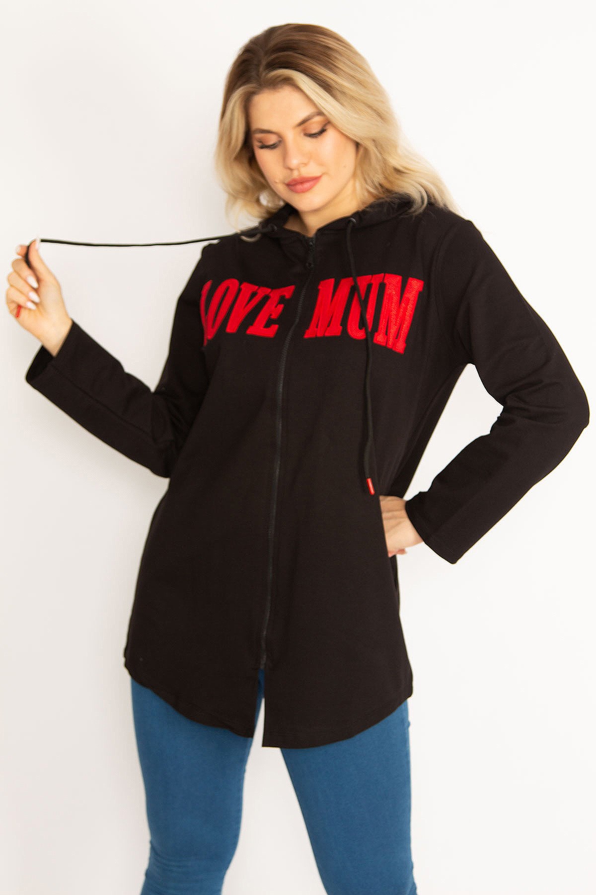 Kadın Siyah Kapşonlu Ön Fermuar Ve Baskı Detaylı Sweatshirt 65N34681