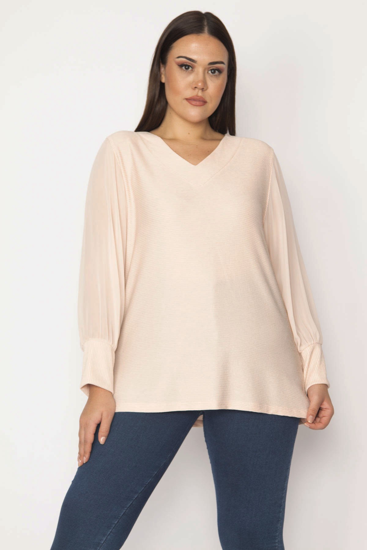 Kadın Somon Kolları Şifon Sim Detaylı Bluz 65N29538