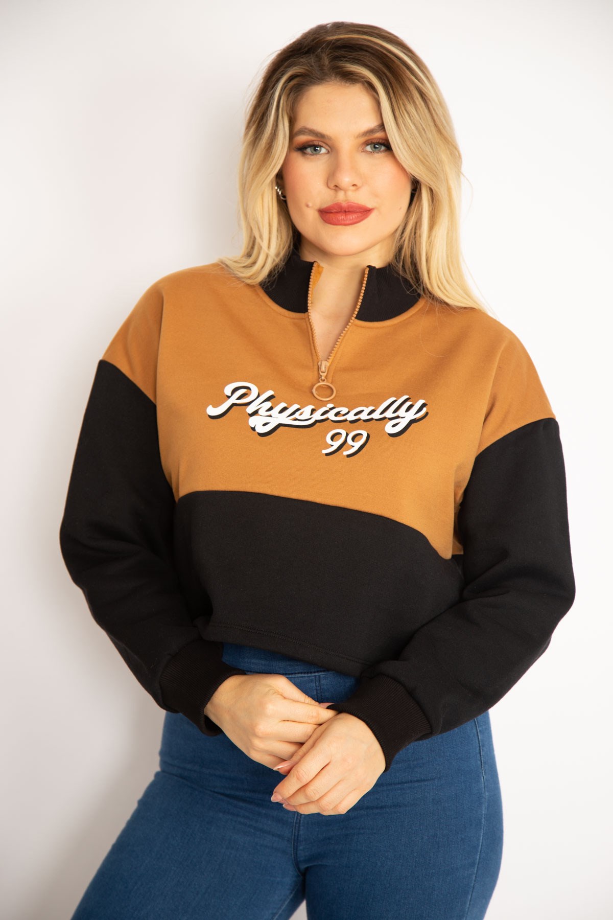 Kadın Taba İçi Şardonlu 3 İplik Yaka Fermuarlı İki Renkli Sweatshirt 26A35066