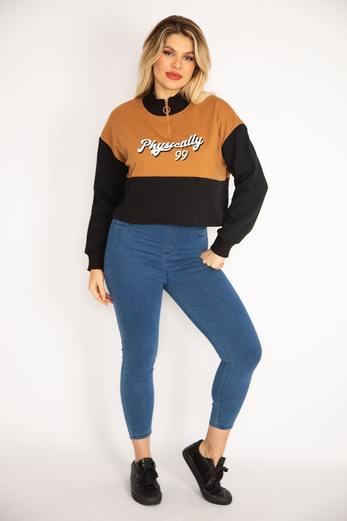 Kadın Taba İçi Şardonlu 3 İplik Yaka Fermuarlı İki Renkli Sweatshirt 65N35066
