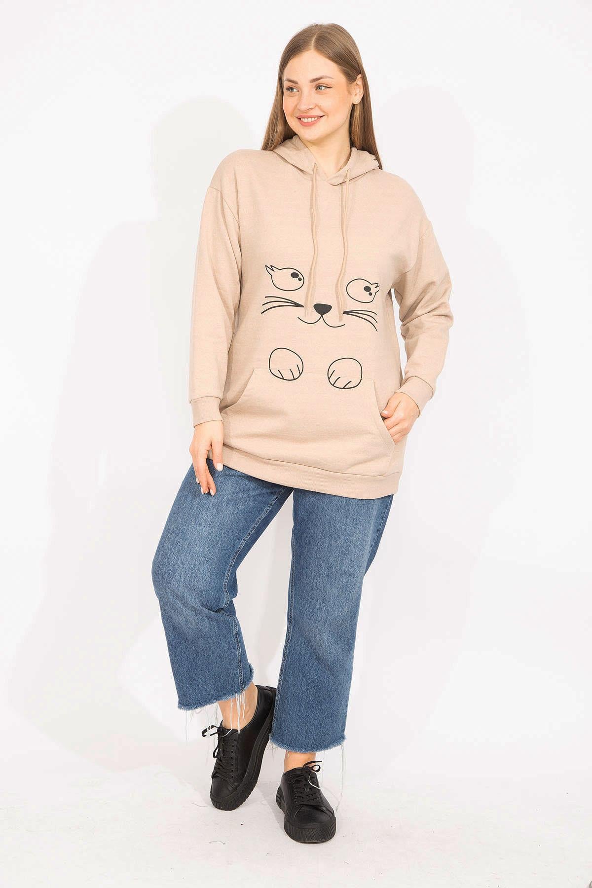 Kadın Vizon Büyük Beden İçi Şardonlu Ön Baskı Ve Kapşon Detaylı Sweatshirt 65N35632