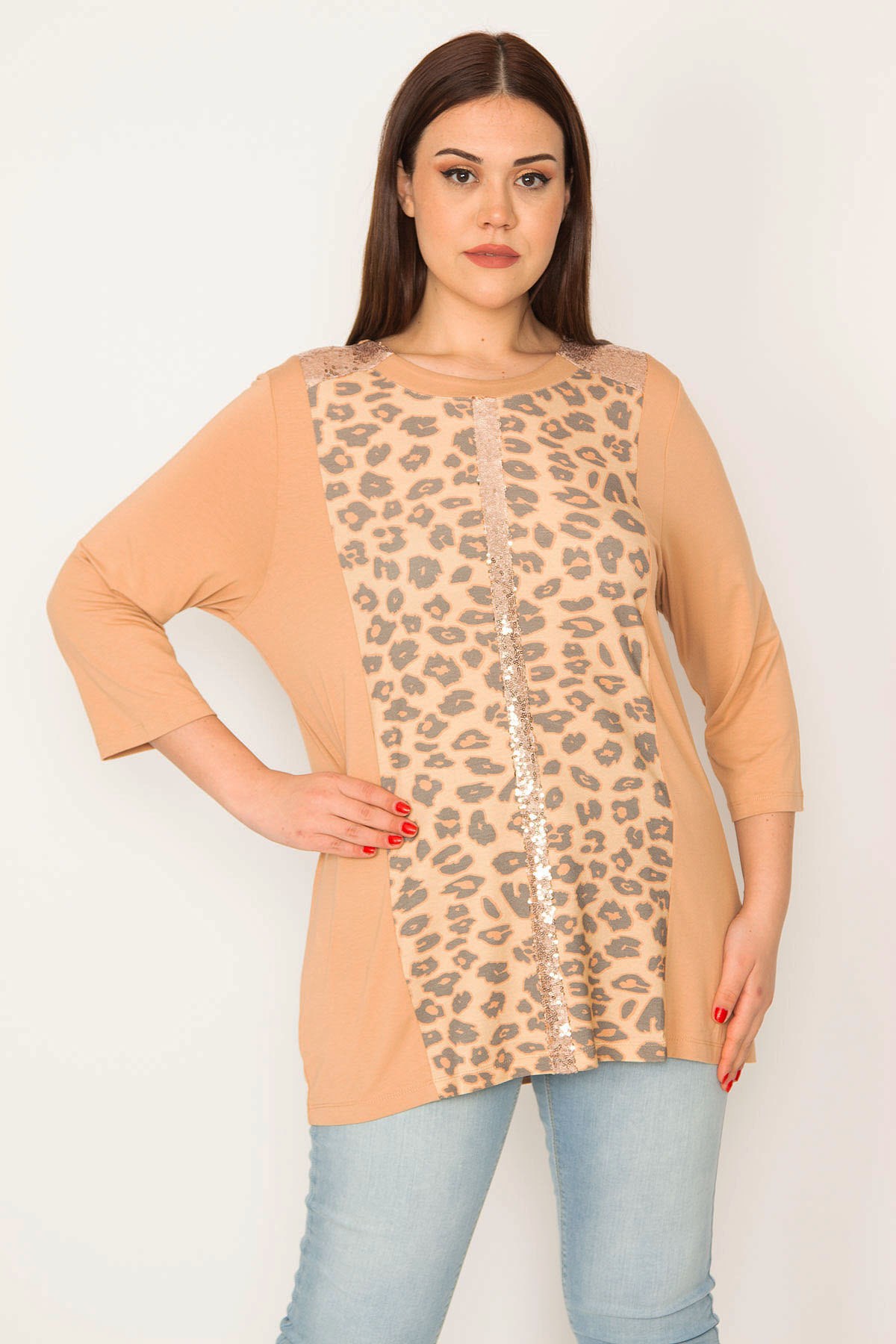 KADIN VİZON PAYET DETAYLI LEOPAR DESENLİ BLUZ
