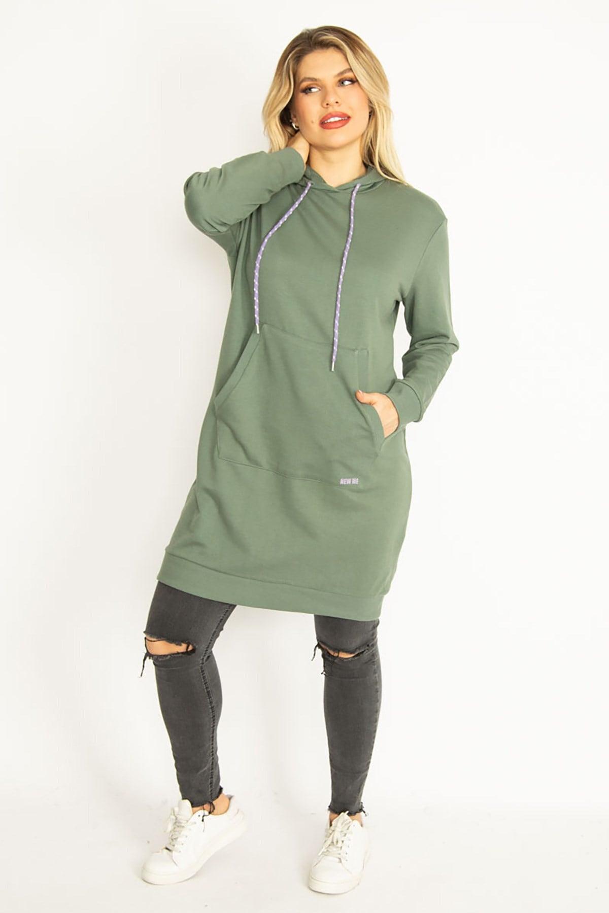 Kadın Yeşil Kapşonlu Kanguru Cepli Uzun Sweatshirt 65N35070