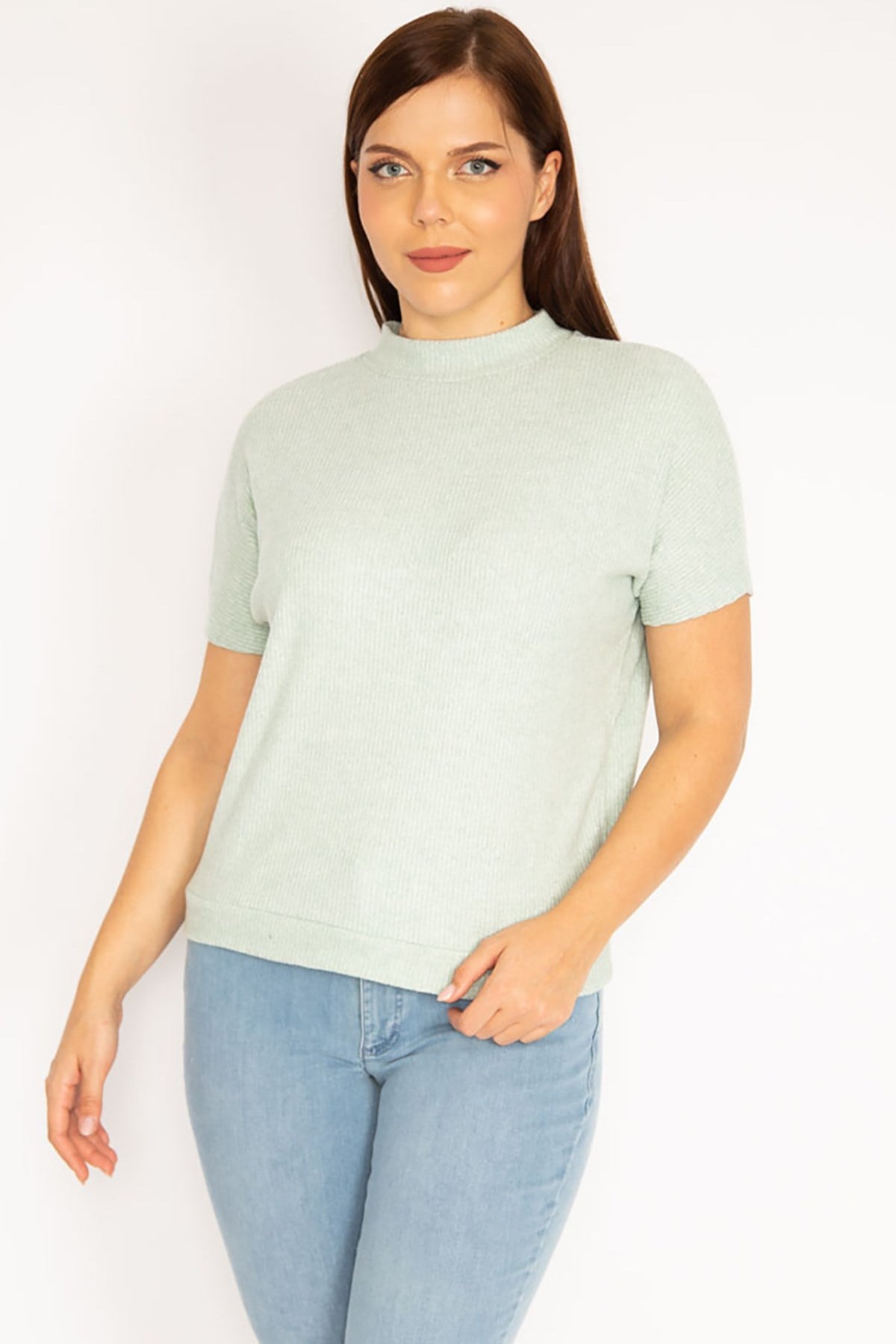Kadın Yeşil Yumoş Kumaş Kısa Kollu Bluz 65N34940