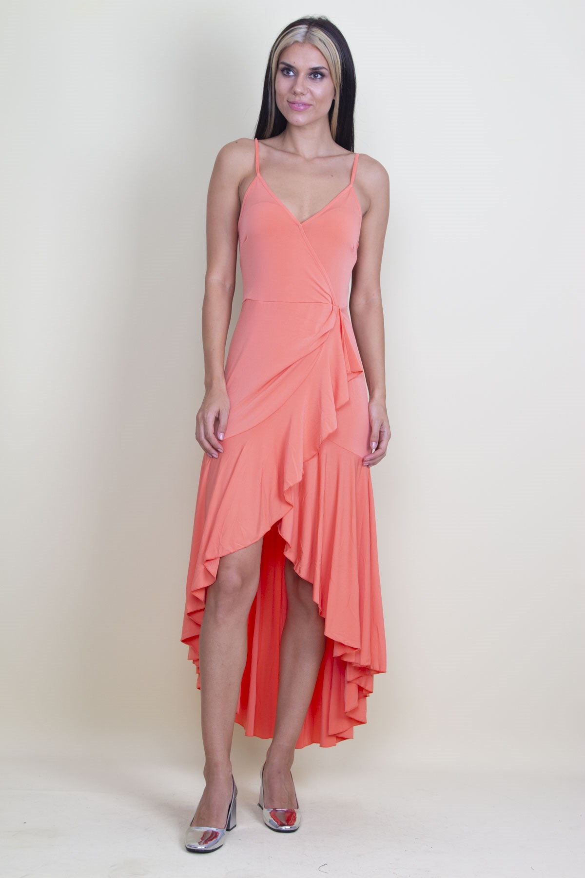 SIRT DEKOLTELİ VOLAN DETAYLI ANVELOP YAKA ELBİSE