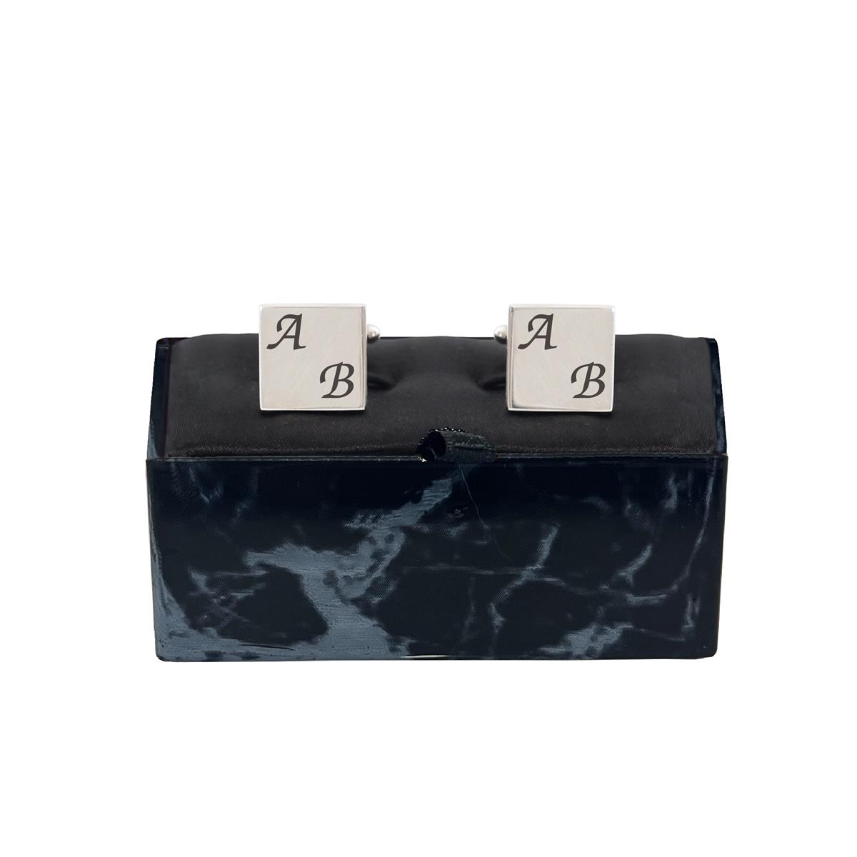 Zekupp Lazer İşlemeli Çift Harf Detaylı Siyah Gri Kutulu Kol Düğmesi