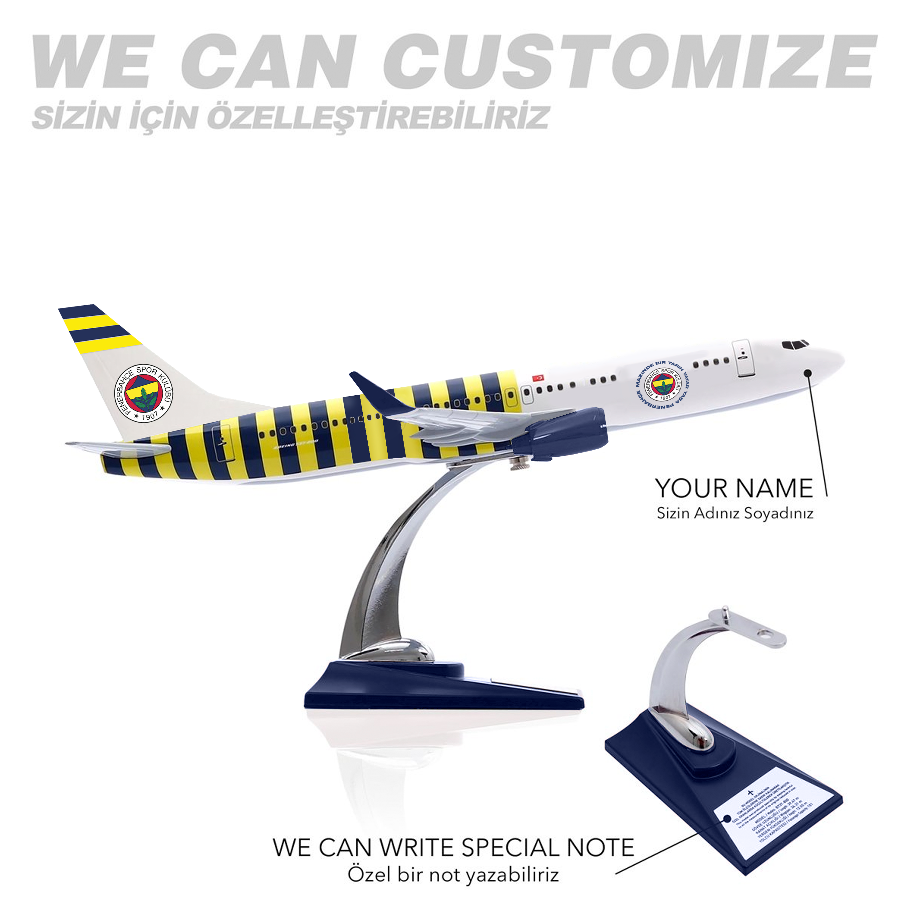 Zekupp Boeing 737-800 1/100 Ölçek Fenerbahçe Lisanslı Çubuklu Tasarım Maket Uçak