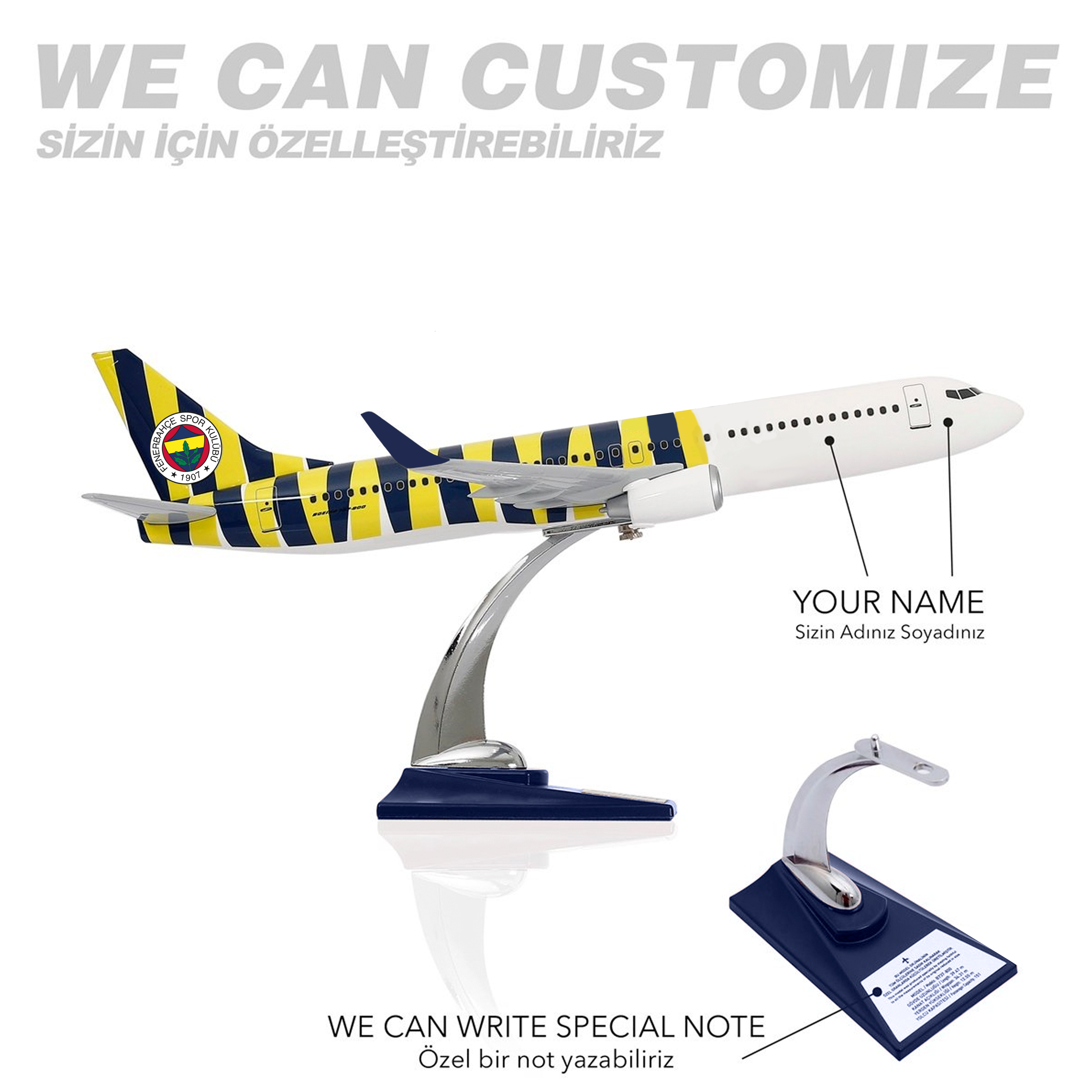 Zekupp Boeing 737-800 1/100 Ölçek Fenerbahçe Lisanslı Çubuklu Tasarım Maket Uçak