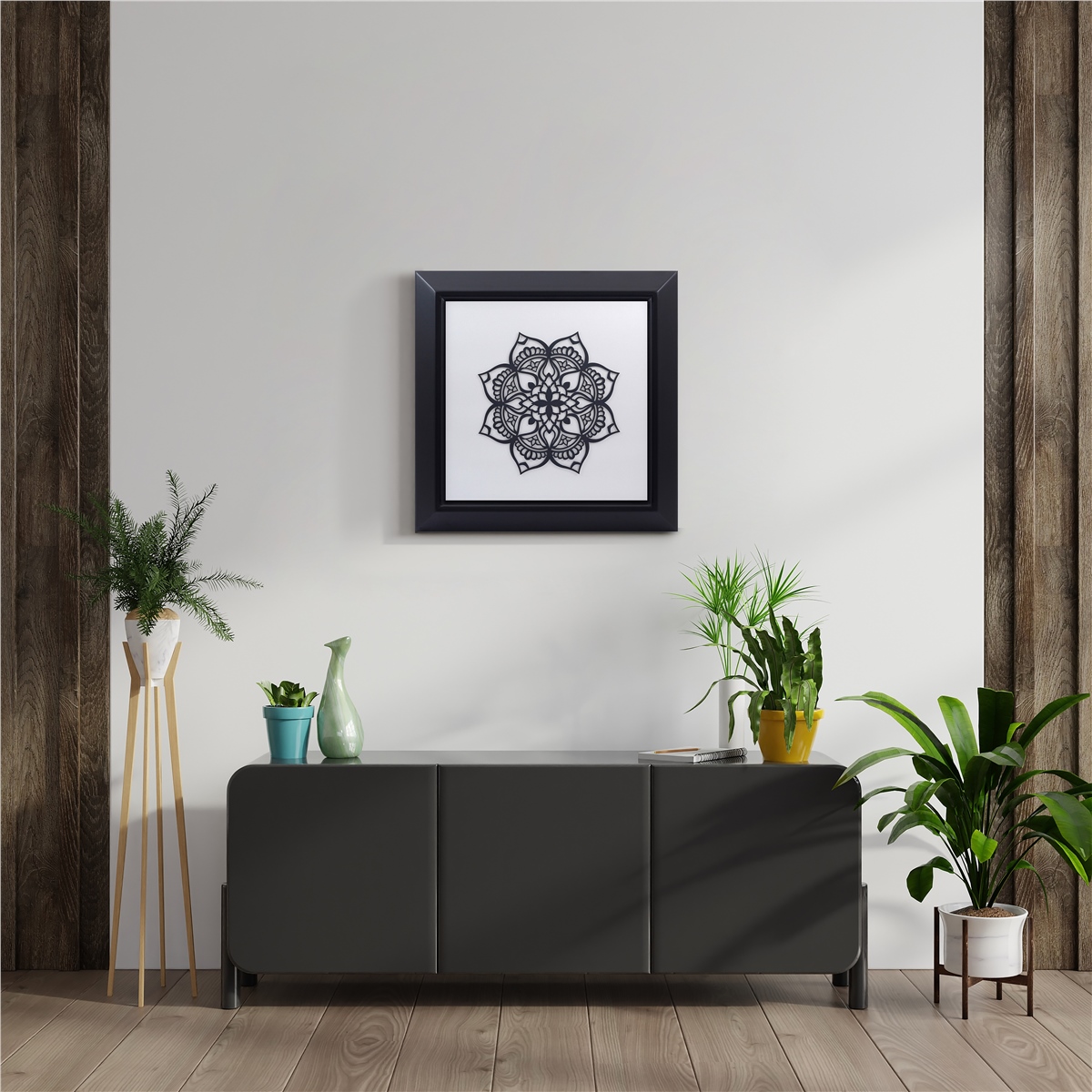 Zekupp Çiçek Temalı Ahşap Tablo, Duvar Dekorasyonu El Yapımı Tablo Hediyesi, Siyah Renkte Ahşap Çerçeve Ev Hediyesi, 3 Boyutlu Tablo