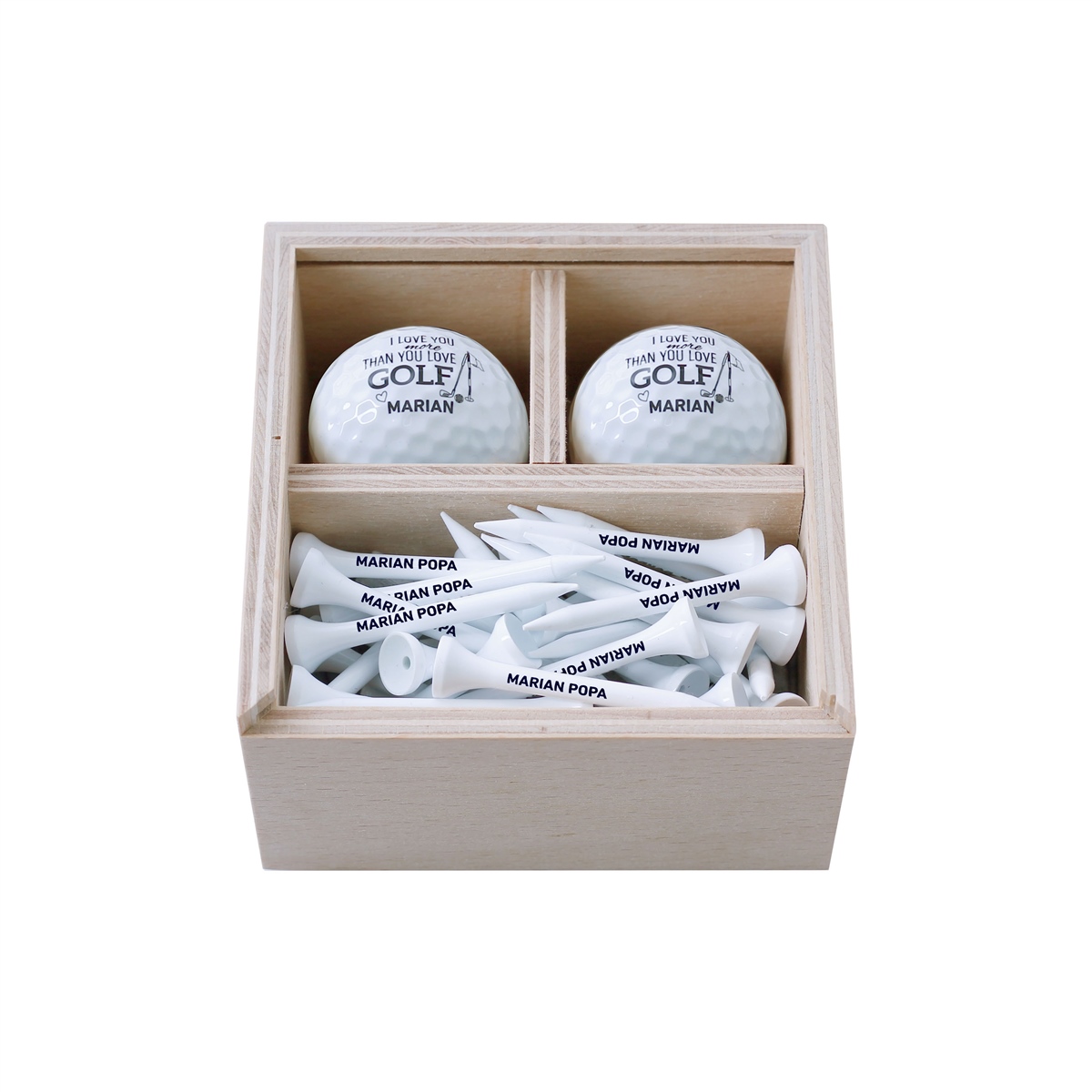 Zekupp Profesyonel 2 Top ve 50 Tee Sürgülü Ahşap Kutu Kişiye Özel Golf Seti