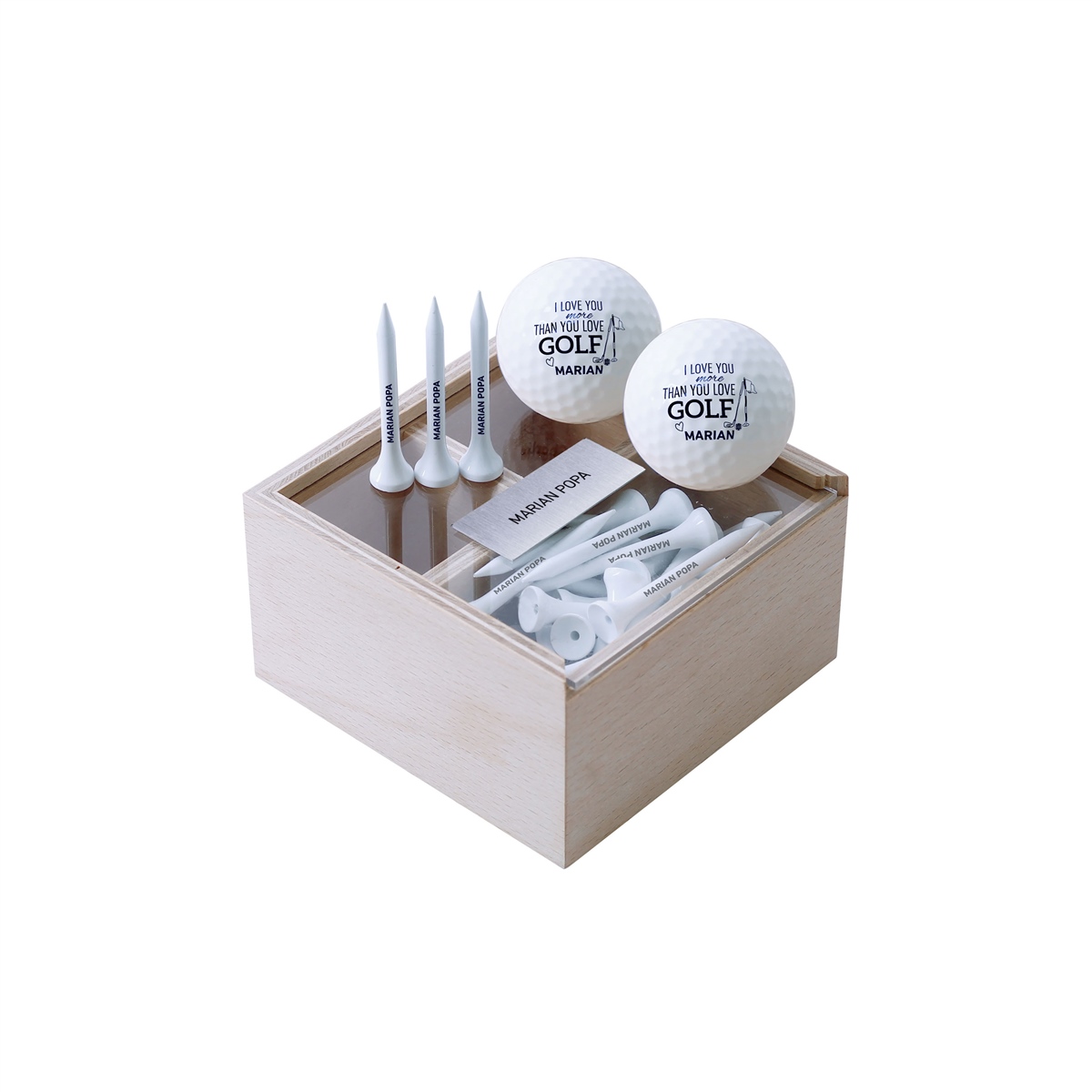 Zekupp Profesyonel 2 Top ve 50 Tee Sürgülü Ahşap Kutu Kişiye Özel Golf Seti