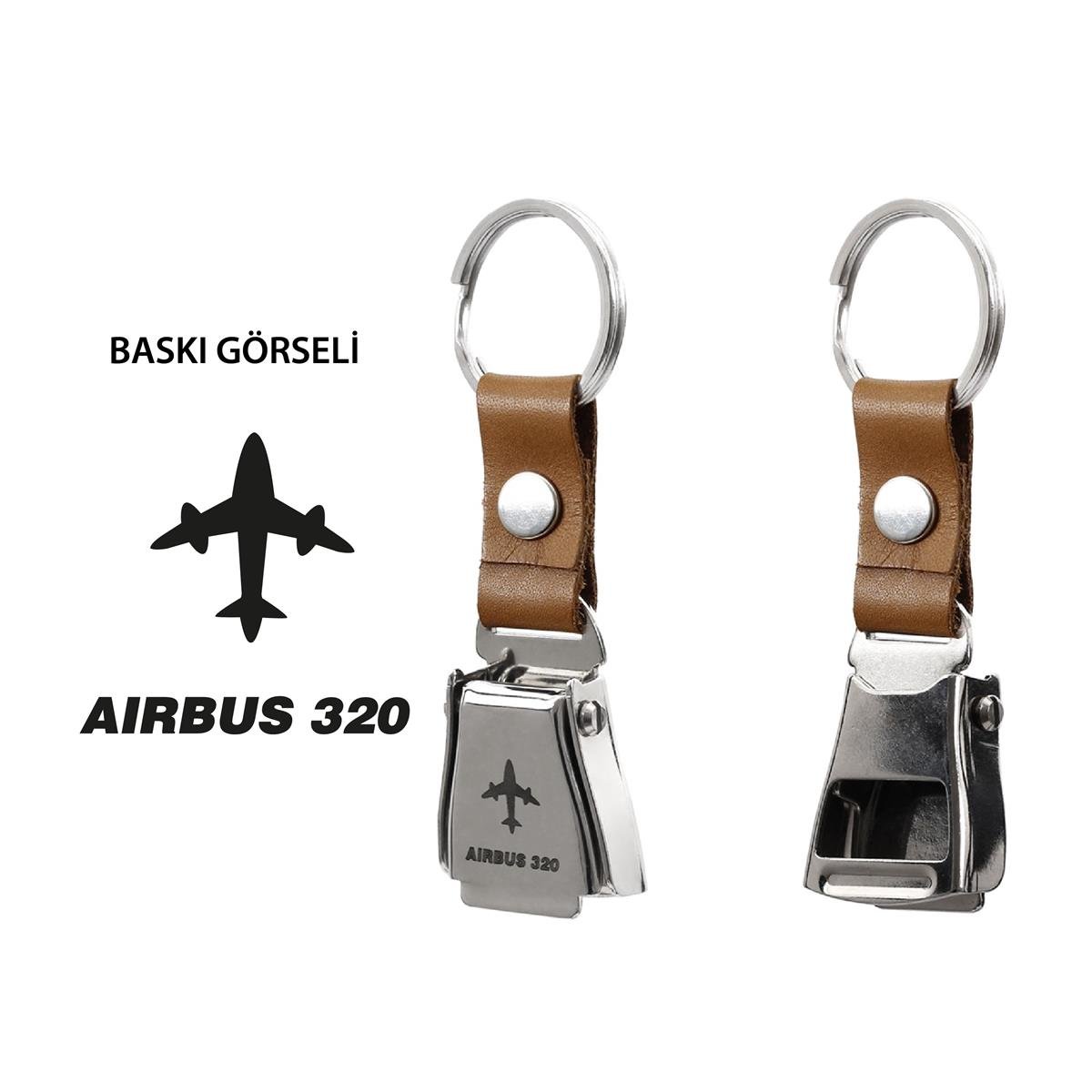 AKMR0007Zekupp Airbus A320 Uçak Modelli Emniyet Kemeri Anahtarlık Gümüş Renk, Dana Derisi Kırmızı Renk Havacılık Anahtarlık, Şişe Açacağı Özelliği