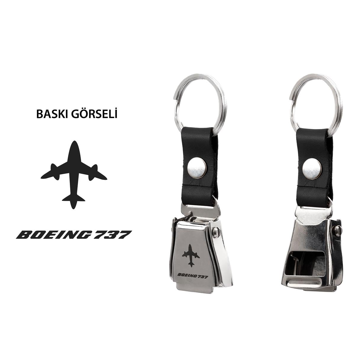 AKMR0011Zekupp Boeing 737 Uçak Modelli Emniyet Kemeri Anahtarlık Gümüş Renk, Dana Derisi Kırmızı Renk Havacılık Anahtarlık, Şişe Açacağı Özelliği