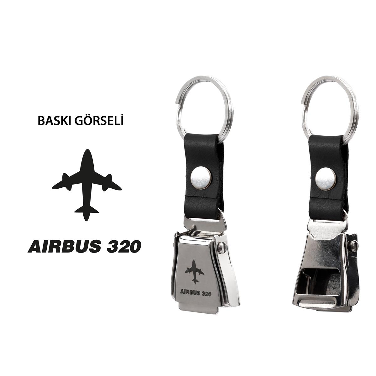 AKMR0014Zekupp Airbus A320 Uçak Modelli Emniyet Kemeri Anahtarlık Gümüş Renk, Dana Derisi Kırmızı Renk Havacılık Anahtarlık, Şişe Açacağı Özelliği