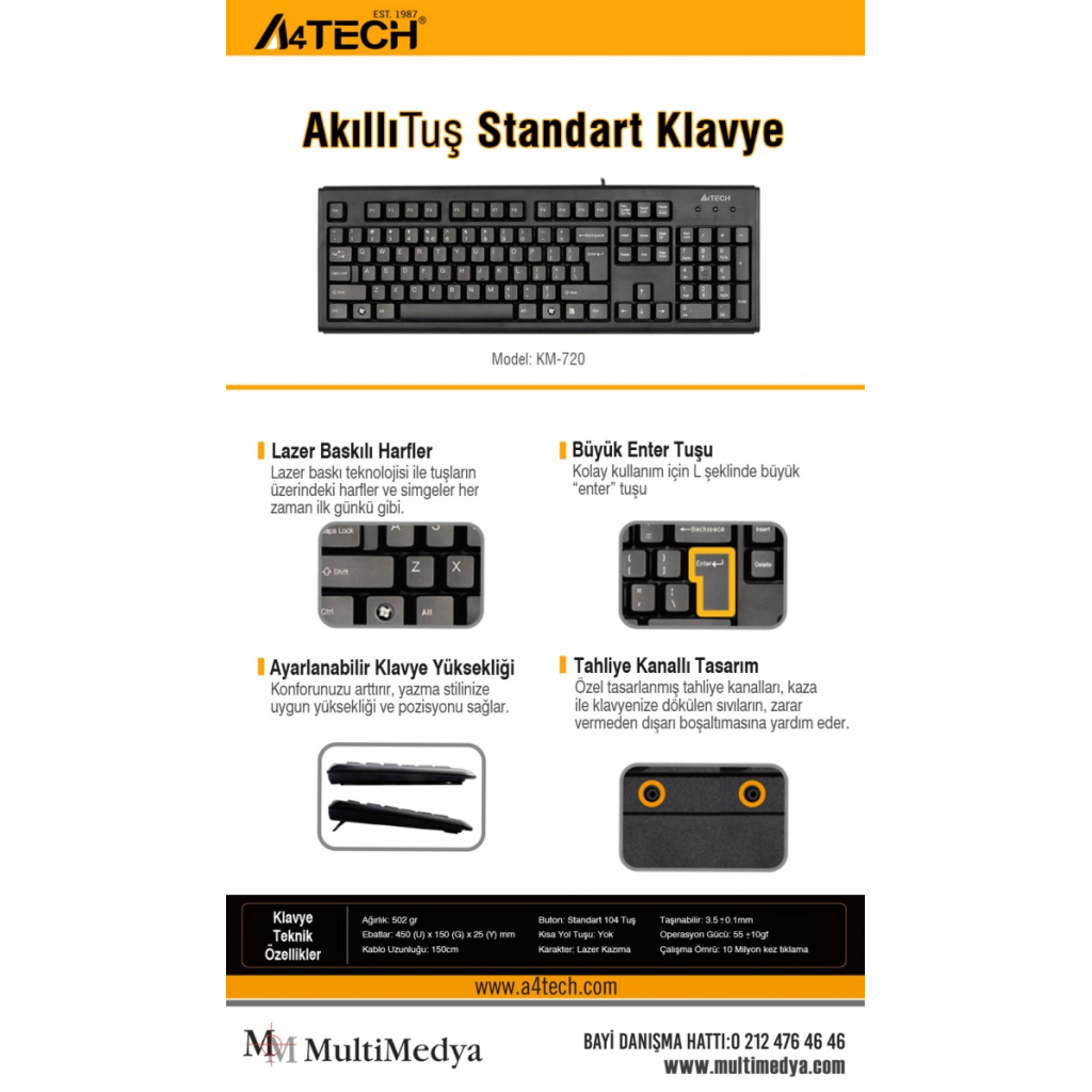 A4 TECH KM-720, Siyah, USB Kablolu, Türkçe Q, Multimedya KLAVYE