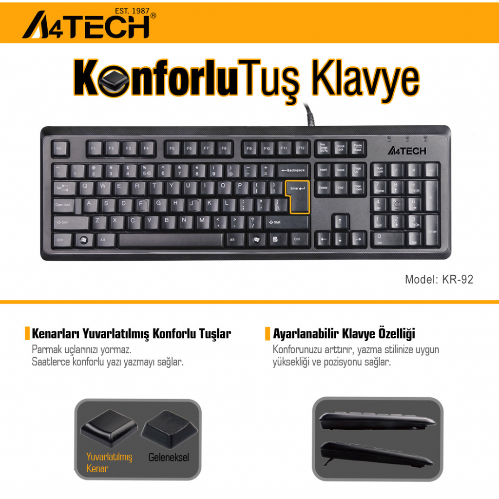 A4 TECH KR-92, Siyah, USB Kablolu, Türkçe Q, Multimedya, Klavye