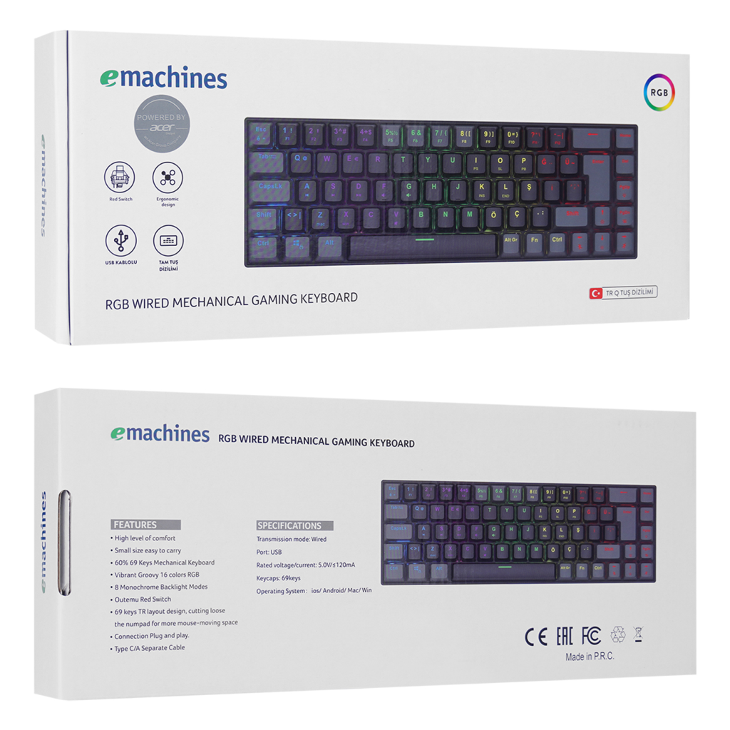 ACER eMachines, EAK68, Siyah/Gri, USB Kablolu, RGB Backlight, RED Mekanik Switch, Türkçe Q, 68 Tuşlu, Gaming Klavye