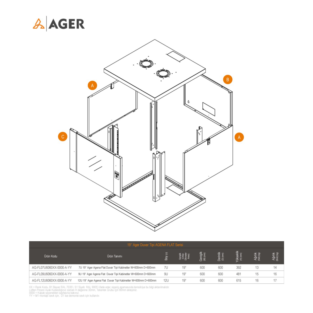 AGER 12U 600x600mm Duvar Tipi Beyaz Kabinet Agena Base AG-AF126060B1 Demonte