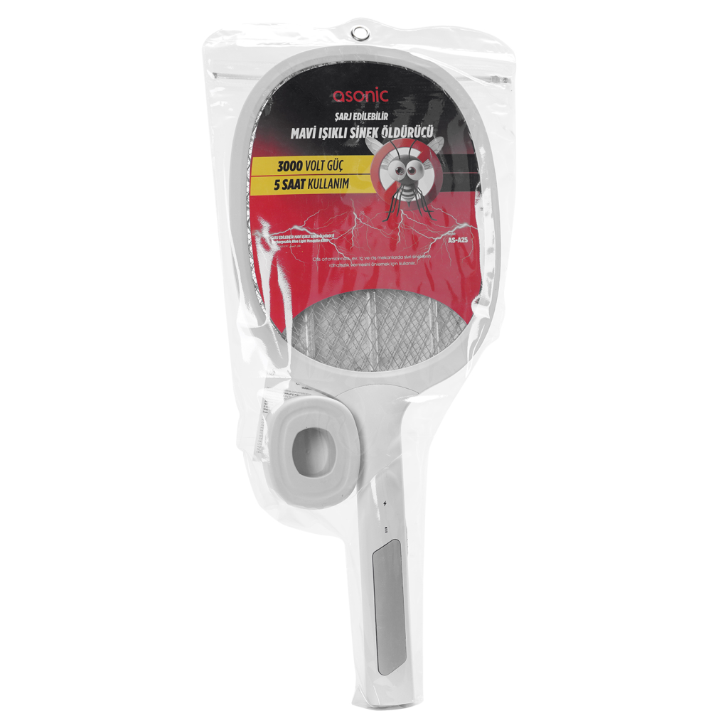 ASONIC AS-A25, Beyaz-Gri, 3000V, Raket Tipi, UV Mor Işıklı, 1200mAh, Bataryalı, Şarj Edilebilir, Sinek Öldürücü