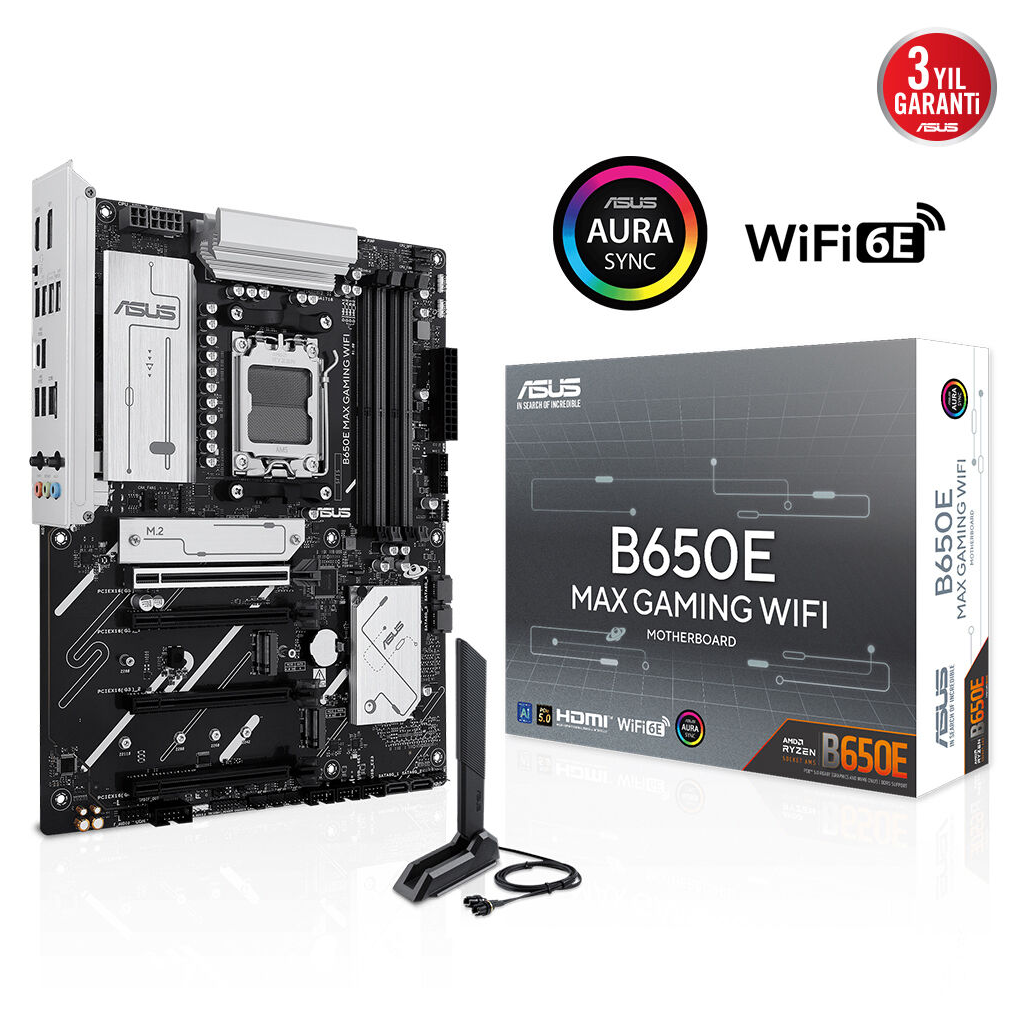 ASUS B650E MAX GAMING WIFI, 4xDDR5, 3xM.2, DP, HDMI, Type-C, Wi-Fi 6E, Bluetooth v5.3, AM5 Soket Gaming Anakart