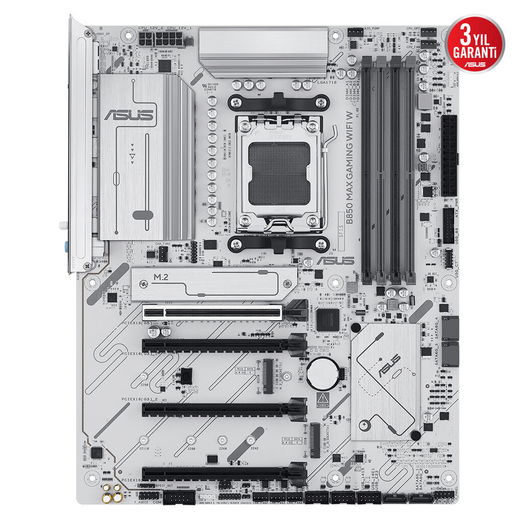 ASUS B850 MAX GAMING WIFI W, 4xDDR5, 3x M2, HDMI, DP, Type-C, Wi-Fi 6E, Bluetooth v5.3, AM5 Soket GAMING BEYAZ Anakart