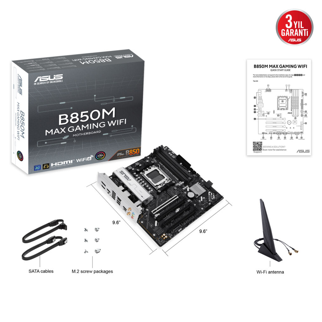 ASUS B850M MAX GAMING WIFI, 4xDDR5, 3x M2, HDMI, DP, Type-C, Wi-Fi 6, Bluetooth v5.4, AM5 Soket GAMING Anakart