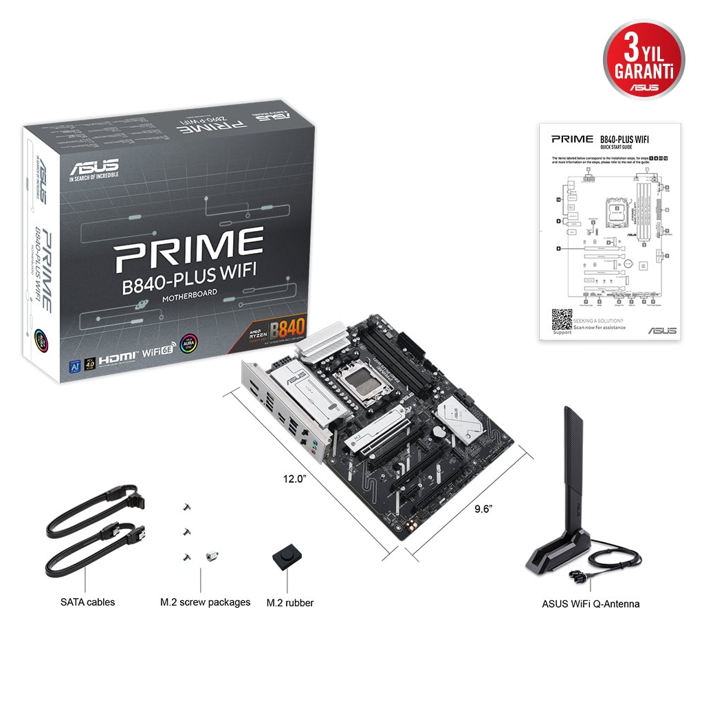 ASUS PRIME B840-PLUS WIFI, 4xDDR5, 3x M.2, HDMI, DP, Type-C, WI-FI 6E, Bluetooth 5.3, AM5 Soket GAMING Anakart